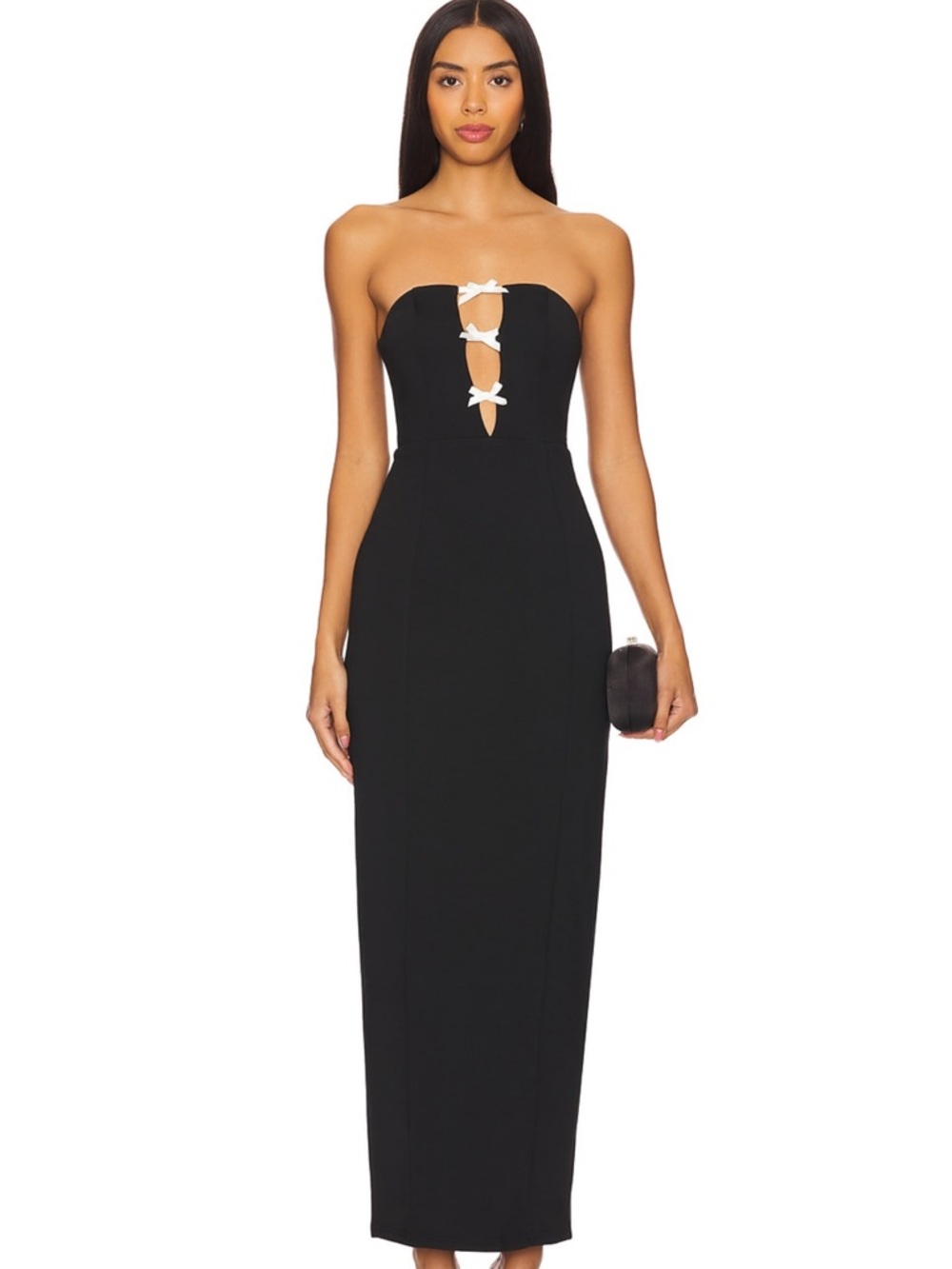 Strapless Black Maxi Dress with Bow-Accent Front Cutouts